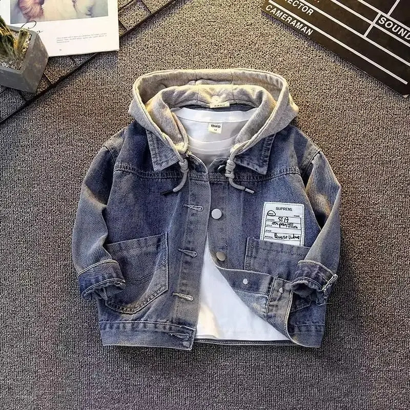 Spring Autumn Kids Denim Jackets for Boys Baby Hooded Coats Fashion Child Kids Outwear Ripped Jeans Jackets Jean 241223