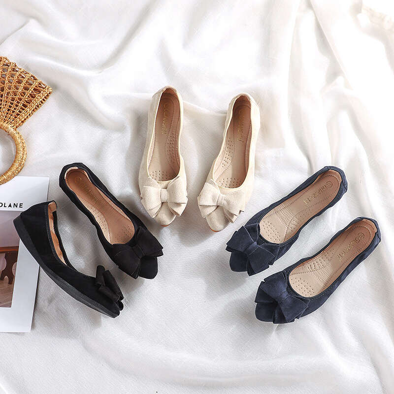 Old Beijing Cloth Flat Bottomed Bean Single Butterfly Bow Light Mouth Apricot Work Women's Maternity Shoes