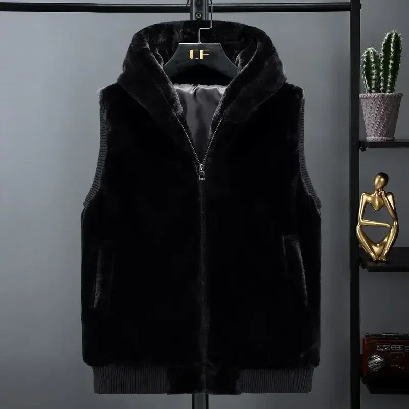 2025 New Sleeveless Jacket Men Hooded Warm Thermal Witer Faux Fur Vest Male Plush Flannel Coat Fluffy Fleece Waistcoat