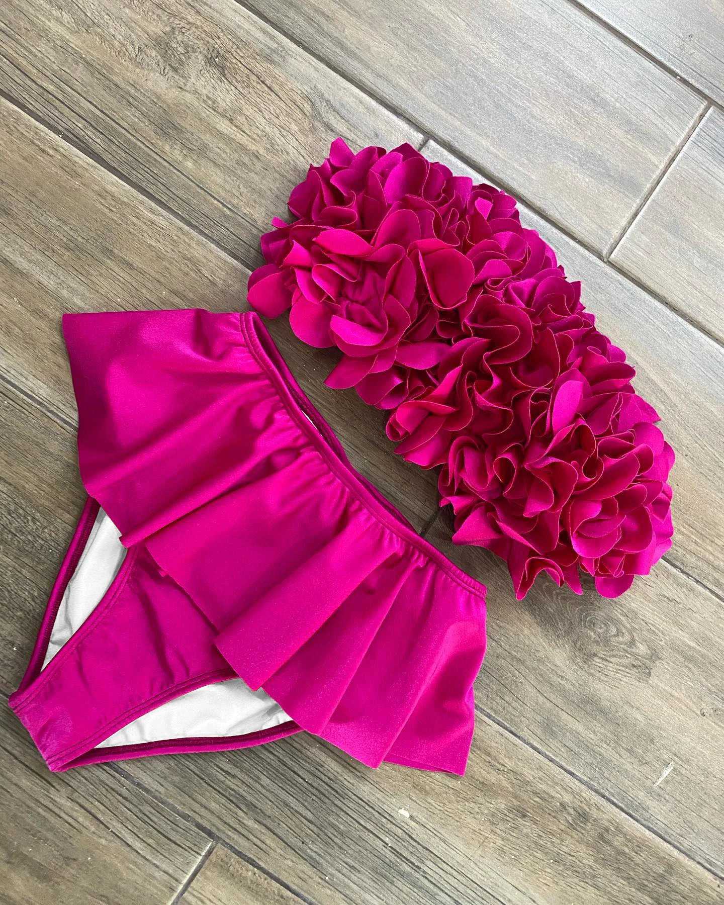 2024 Summer New Sexy Petal Push Up Backless Bikini Set Women Fashion Flower Ruffles Bikini Lady Solid Beachwear Bathing SuitXJ241223