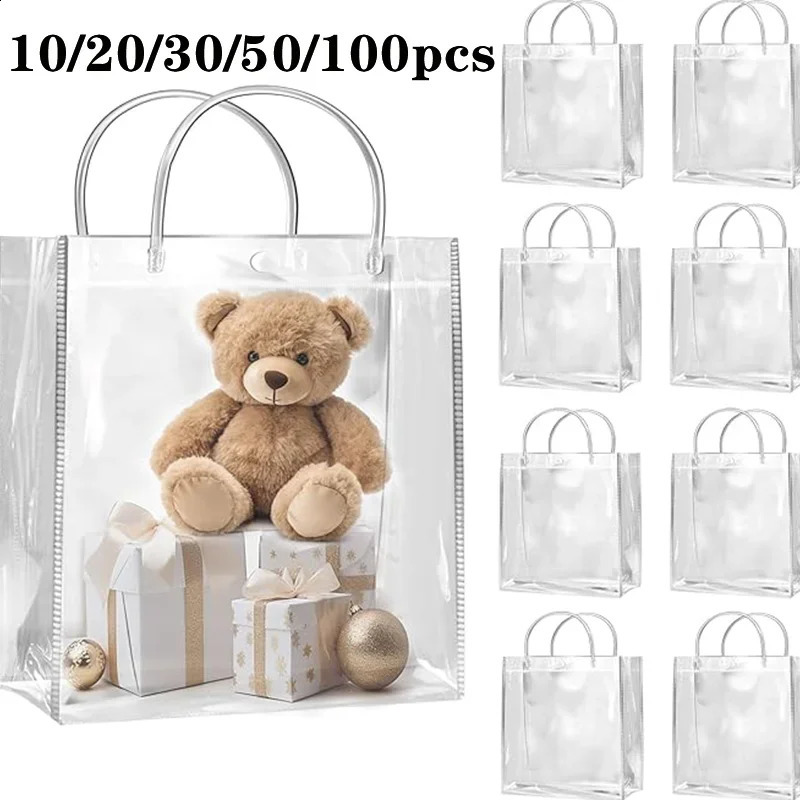 10/20/30/50/100pcsTransparent Soft PVC Gift Tote Packaging Bags with Button Hand Loop Clear Plastic Handbag Cosmetic Bag 241223