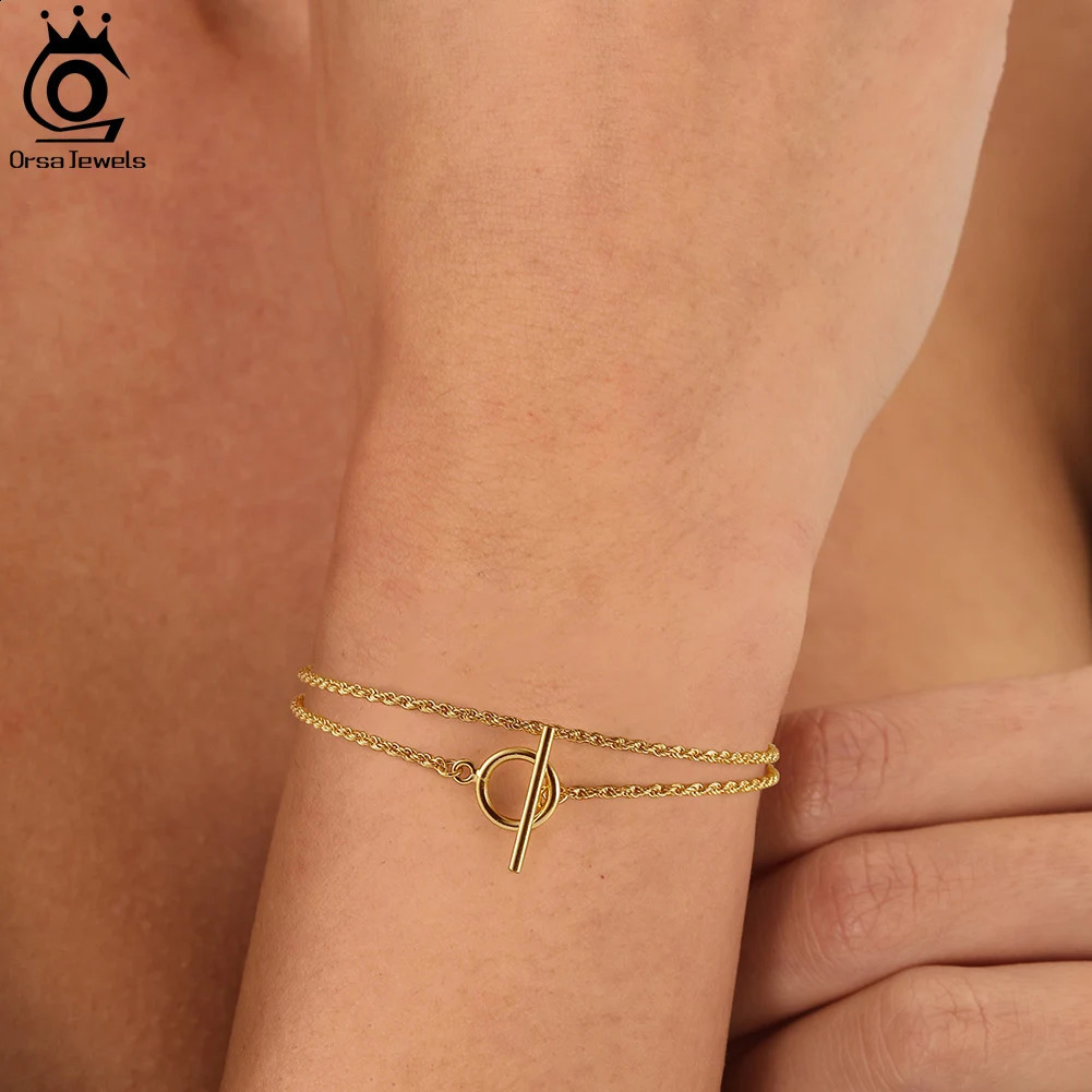 ORSA JEWELS 14K Gold 1.5MM Width Rope Chain Bracelet Double Layer 925 Sterling Silver Round Charm Bracelet Daily Jewelry SB121 241214