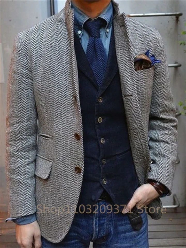 1 Piece Brown Business Suits Men Herringbone Notch Lapel Tuxedo Wedding Prom Party Grooms Blazer Masculino 241218
