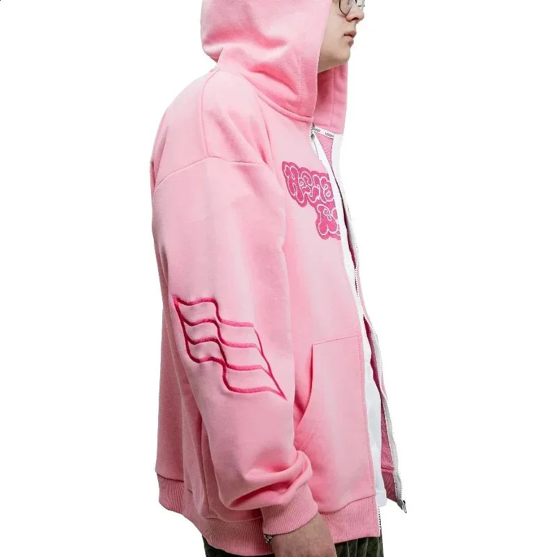 Y2K zip up Hoodie Harajuku Embroidered Pink Letters high quality vintage Oversized Sweatshirts Men Women Hip Hop streetwear top 241219