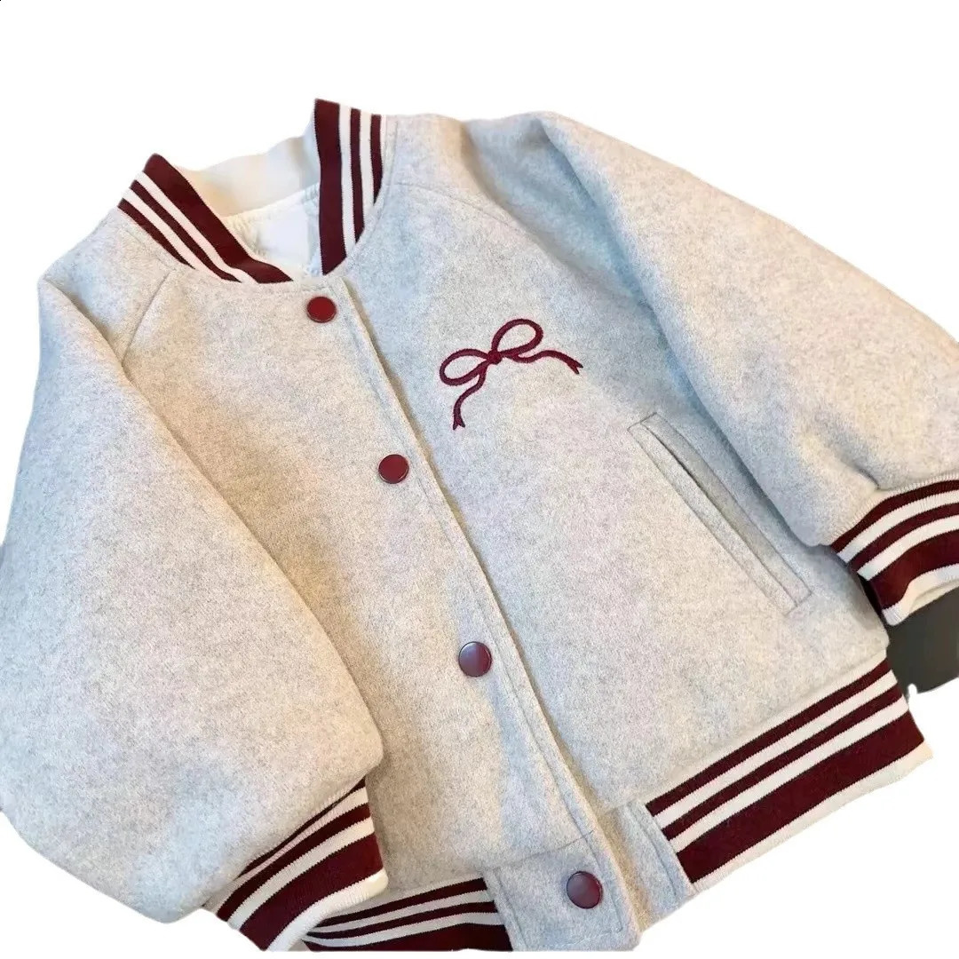 Children Girls Outerwears Coat Autumn Winter Cotton Padded Thickened Kids Girls Baseball Jacket Bow Striped Baby Girl Coat 241223