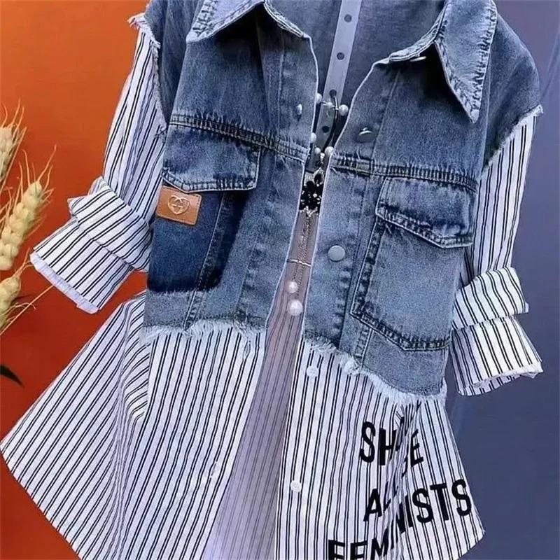 Womens denim jacket two-piece denim shirt spring summer autumn casual fashion clown patchwork striped top for women 241219