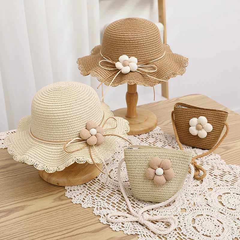 Caps Hats Childrens girls flower summer hat fashion childrens sunscreen hat grass hat beach baby accessories 2-8 years old children H241223