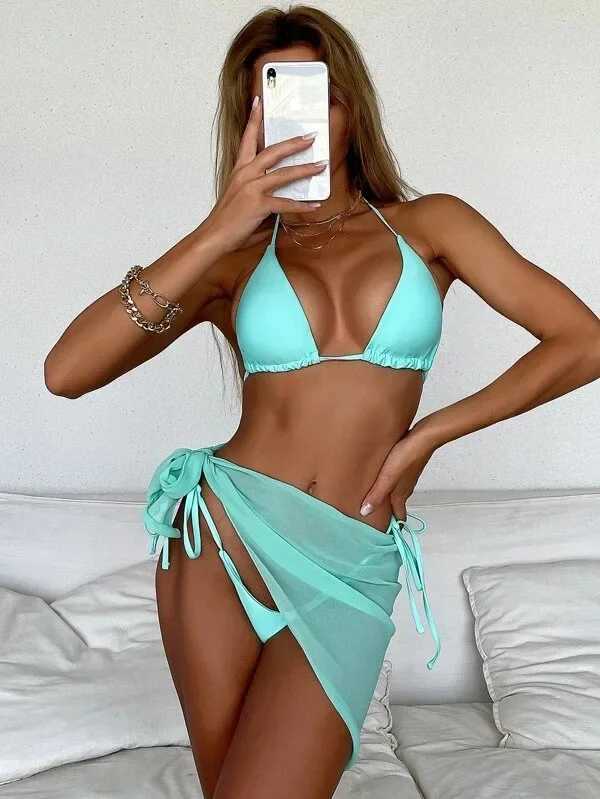 2024 Womens High Waist Bikini Halter Cut Out Skirt Swimsuit Brazilian Bathing Suit Sexy Swimwear Solid Red 3 PieceXJ241223