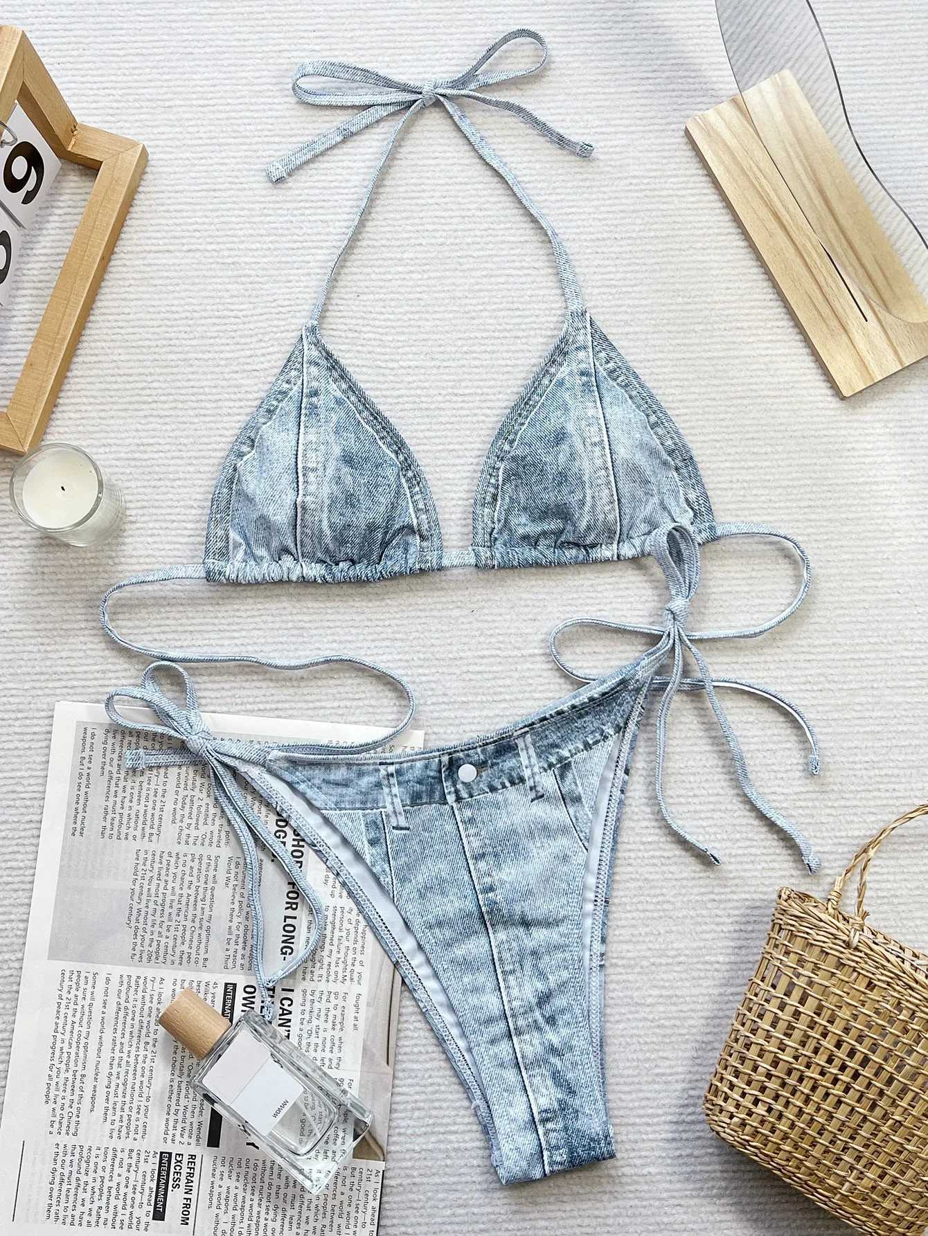 Sexy Denim Print Bikinis Woman Summer 2024 Push Up Swimwear Fake Two Piece Thong Swimsuits BeachwearXJ241223