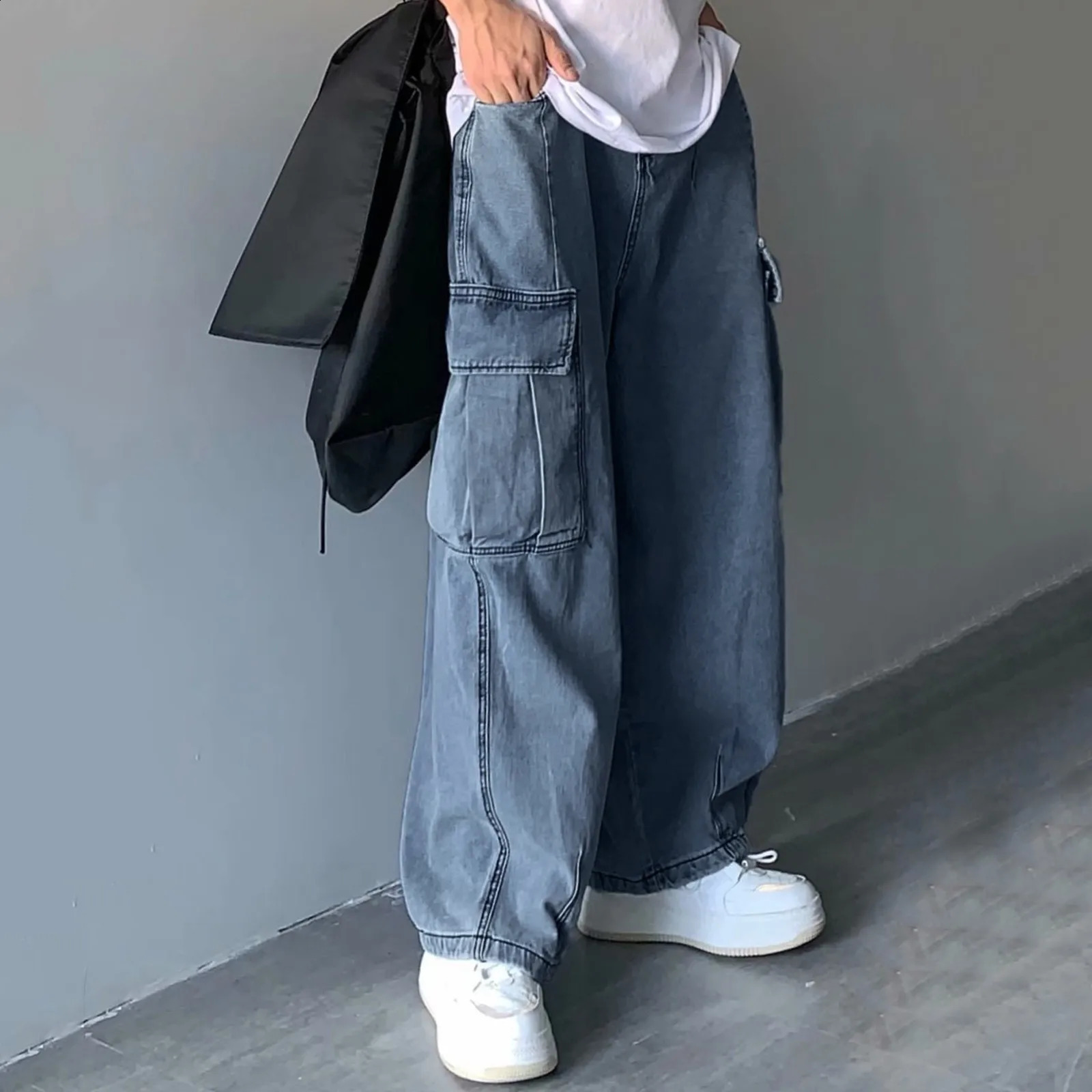 Mens Retro Jeans 2024 Fashion Casual Loose Wide Leg Large Size Pocket Cargo Denim Wash Daddy Pants Straight Fit Trousers 241223