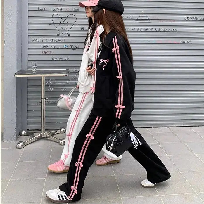 Autumn New Fashion Sports Style Gray Bow Stand Up Hoodie Coat+High Waist Loose Casual Wide Leg Pants Two Piece Set Women Outfits