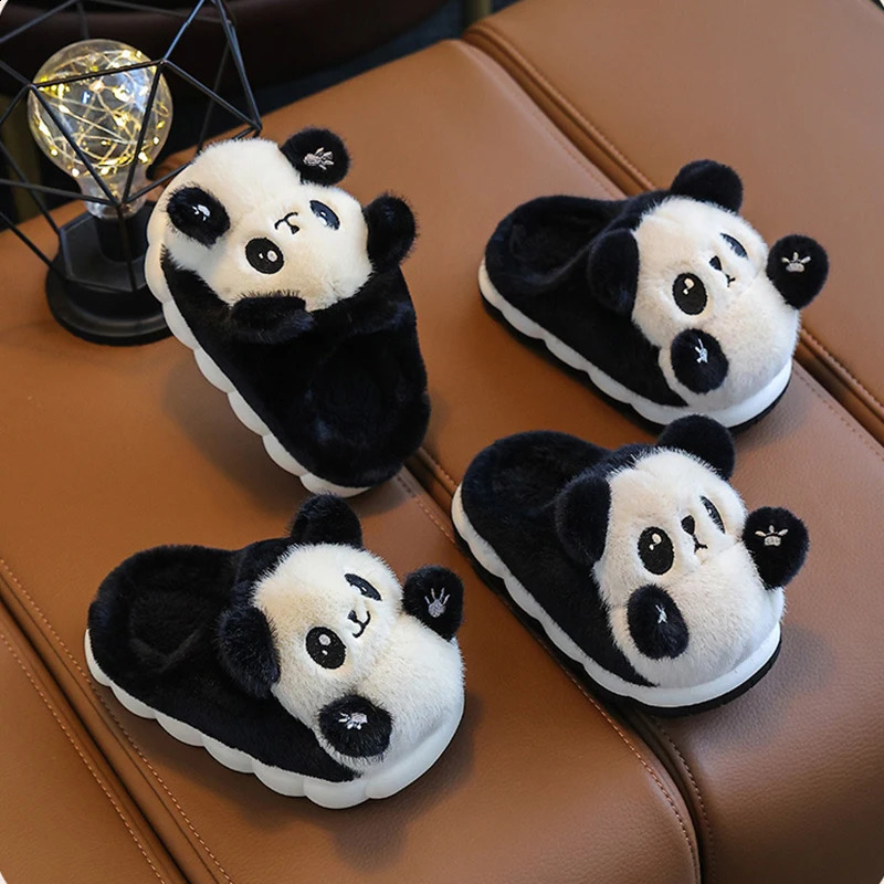 Cute Childrens Cartoon Panda Winter Slippers Comfortable Warm Cotton Shoes Boys Girls Indoor Home Fluffy Slippers 241223