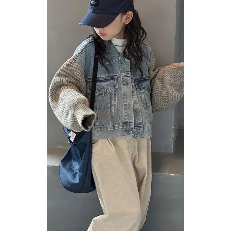 Girls Denim Jackets Childrens Autumn Jackets Boys Medium Large Kids Wool Long Sleeved Clothes Lapel Denim Cardigan Jackets 241223