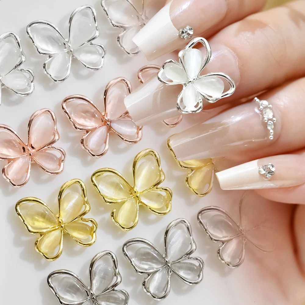 10Pcs 3D Cats Eye Butterfly Nail Art Charms Shiny Gold Silver Gray Crystal Rhinestones Jewelry Alloy Nail Parts 241223