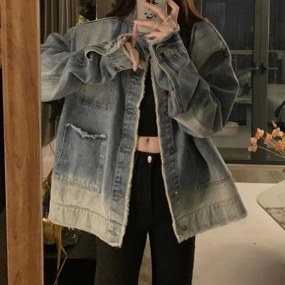 Denim short jacket womens cut spring and autumn long sleeved Slim smooth silhouette hoodie student top 241219