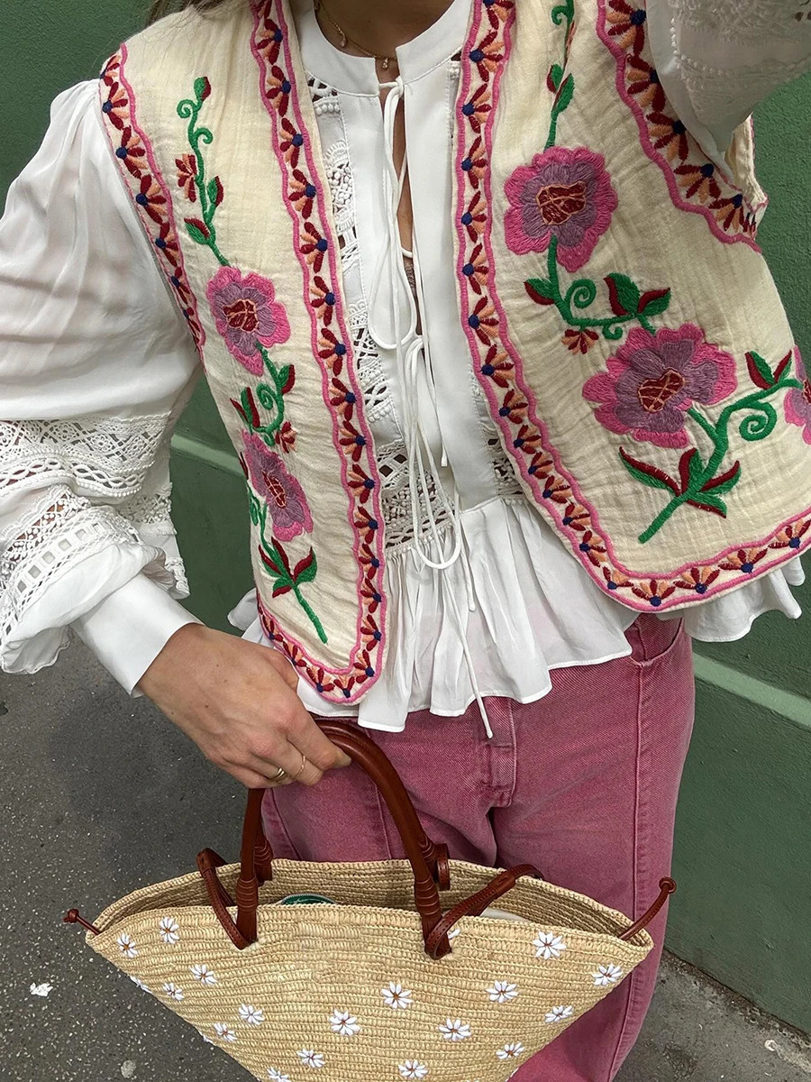 Women Vintage Boho Floral Embroidered Gilets Sleeveless Crop Cardigan Tops Open Front Vest Outwear Jackets 241220