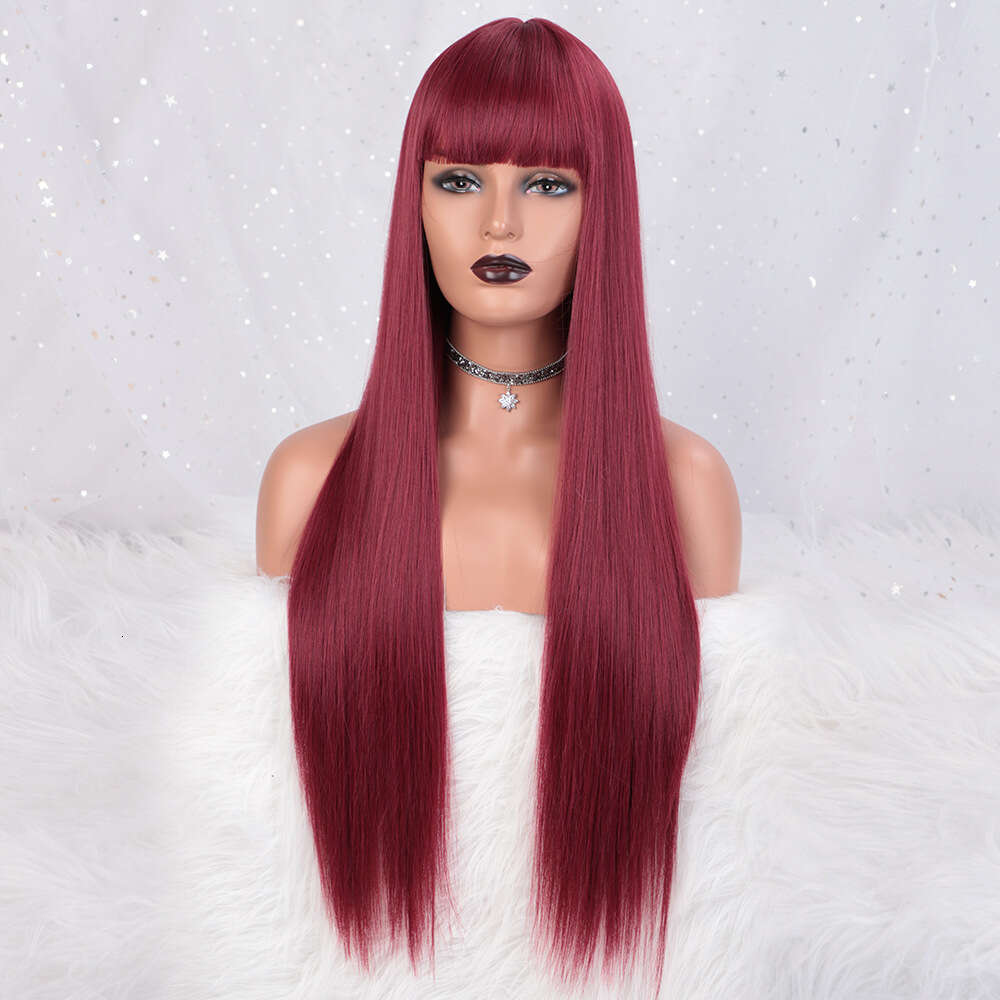 Women's Wig Made Of Synthetic Fiber, High-Temperature Silk, Hair With Bangs, Long Straight Hair, Breathable Wig, Headband, Wigs