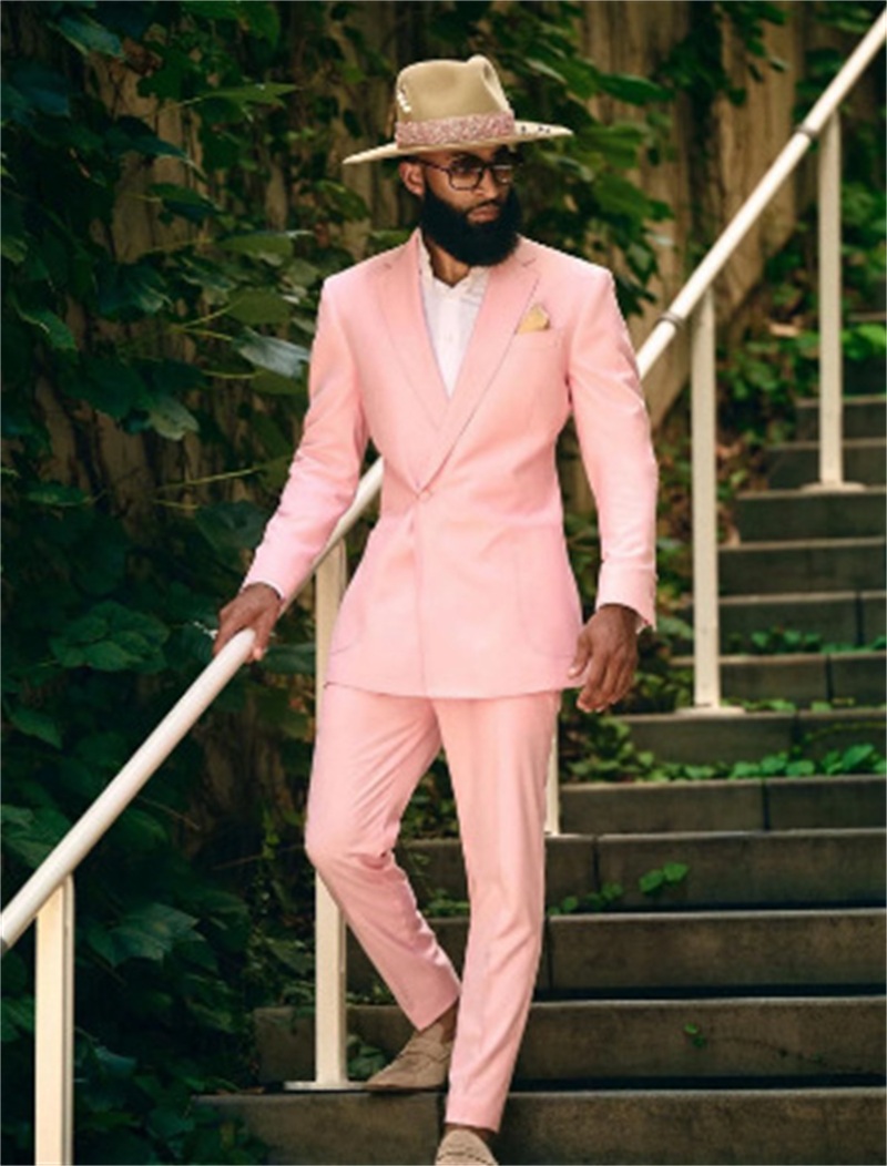 2025 Pink Groom Wear Wedding Tuxedos Slim Fit Two Pieces Men Suits One Button Long Sleeves Peaked Lapel Formal Suit Prom Party Blazer Pants