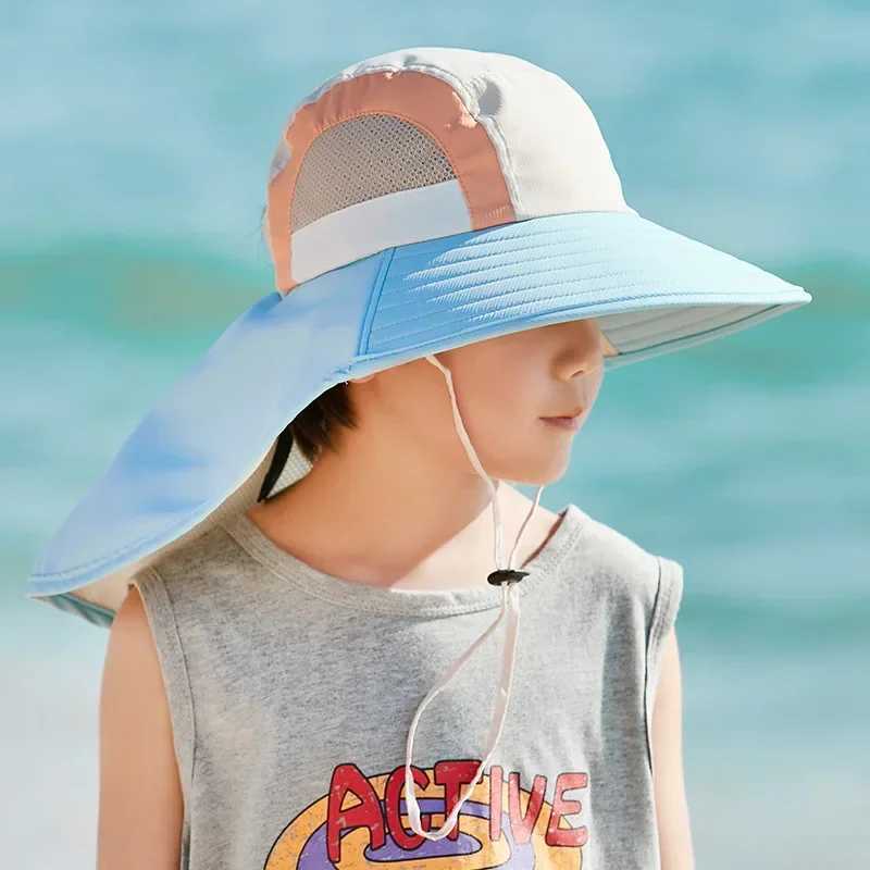 Caps Hats Summer baby sun hat with neck flaps UV protection strap wide brown beach hat childrens bucket hat boys and girls outdoor H241223