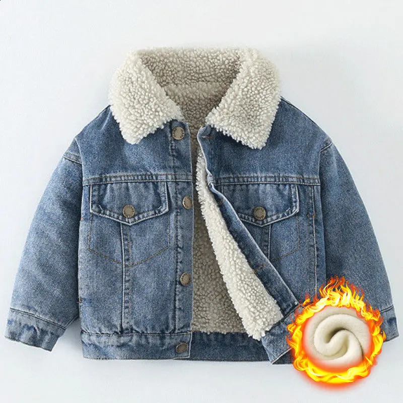 Winter Kids Fleece Denim Jacket Boys Thick Outerwear 0-7Y Young Children Casual Clothes Autumn Girl Long Sleeve Solid Coats 241223