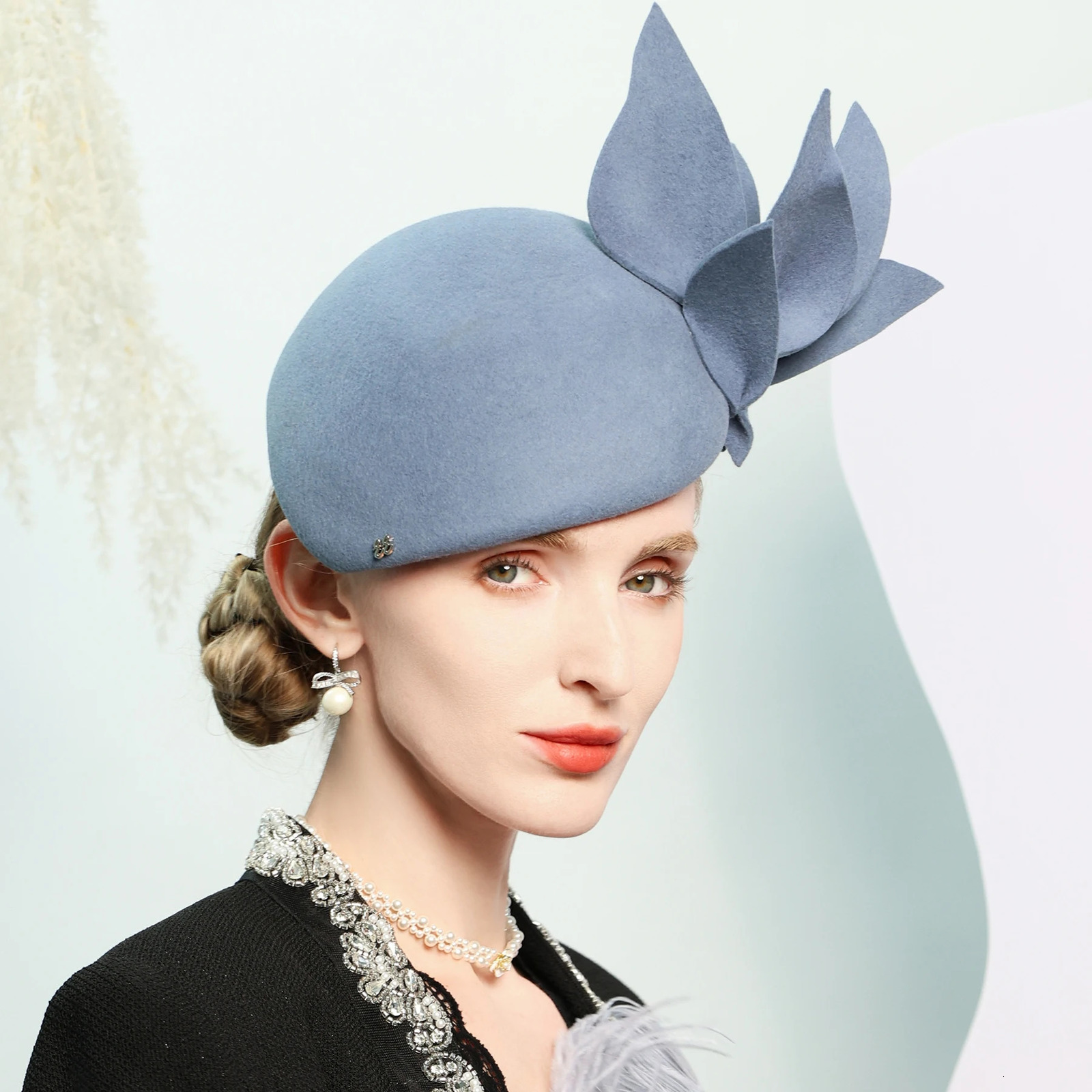 FS Winter Blue Wool Berets Elegant Church Hats For Women Formal Felt Fedoras Luxury Tea Party Fascinator Hat With Flower 241220
