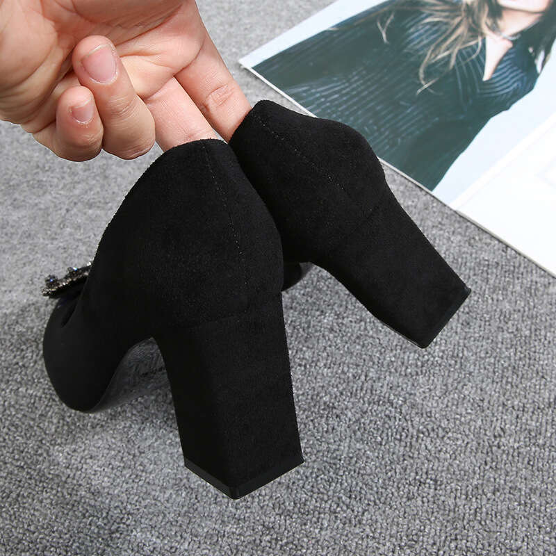 Water Diamond Single For Women, Summer 2021 New Mid Work Spring And Autumn Pointed Black Thick Heel Square Buckle Shoes