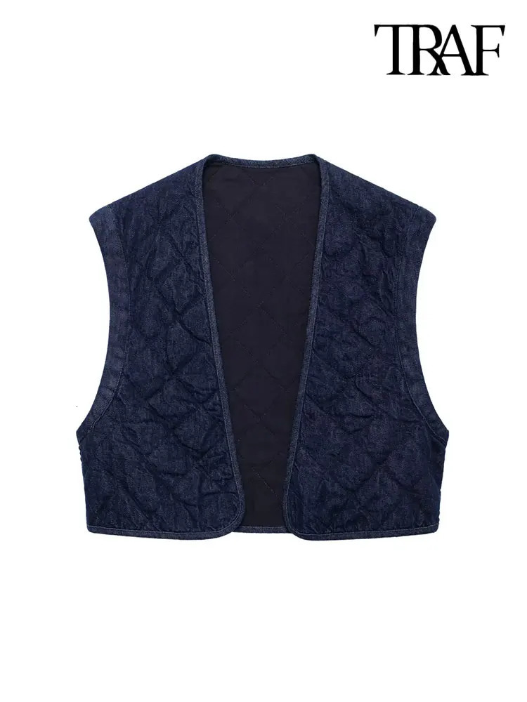 TRAFWomens Cropped Padded Denim Waistcoat Sleeveless Open Stitch Female Outerwear Chic Vest Tops Fashion 241220