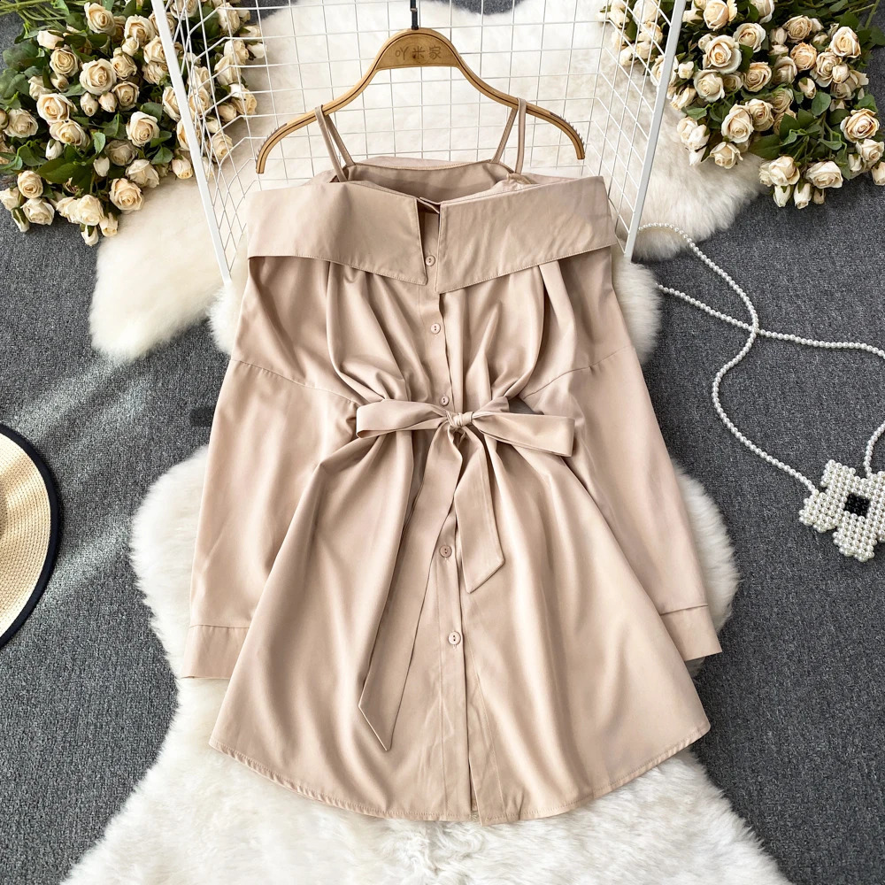 Korean Spring Autumn Off Shoulder Shirts Dress Chic Deisgn Long Sleeve Ruffles Slim Single Breasted Aline Solid Women 241218