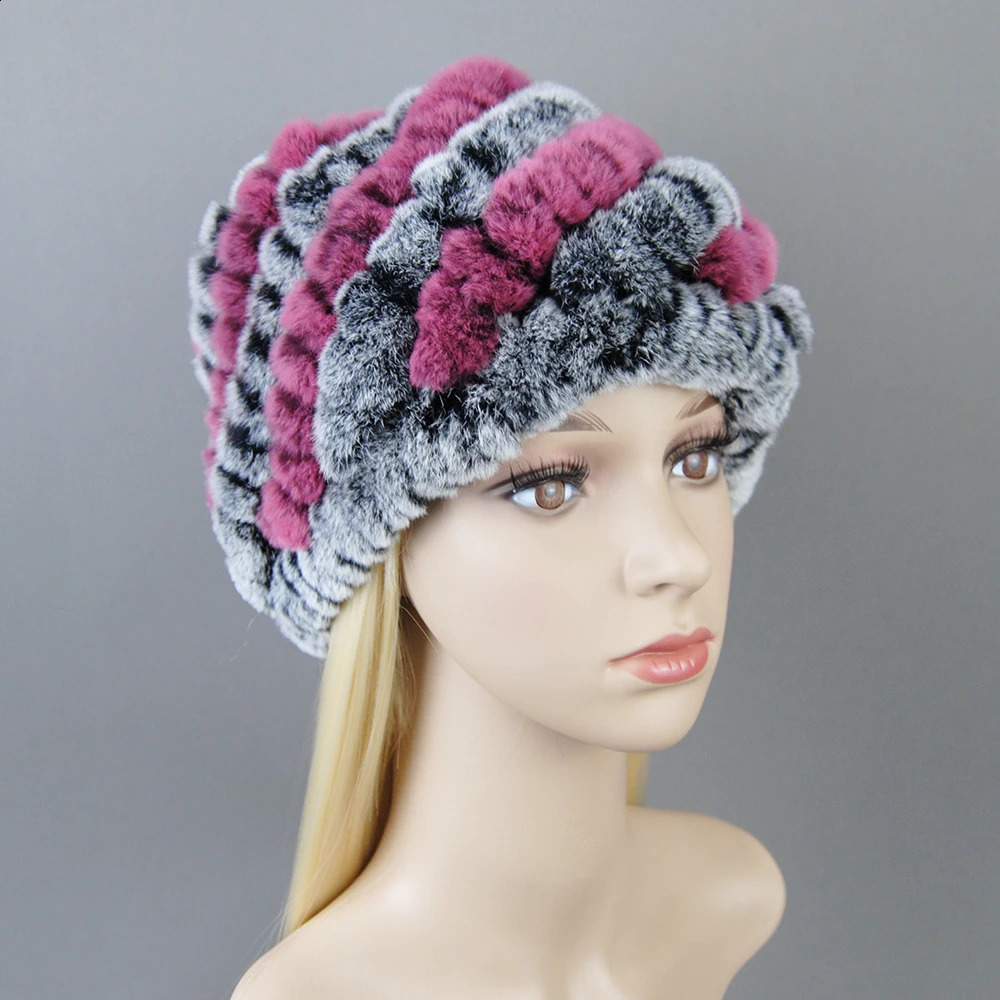 Outdoor Winter Good Elastic Real Fur Hat Women Knitted Natural Rex Rabbit Fur Skullies Cap Warm Soft Real Fur Beanies Hats 241214