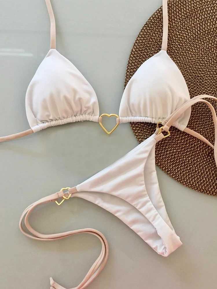 OIINAA Bathing Suit Women Sexy Solid Swimsuit Heart Metal Ring Bikini Set Drawstring Two-piece Beach Wear Lace Up Split BiquinisXJ241223