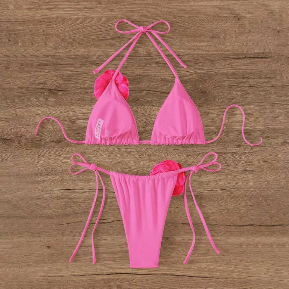 Sexy Bikini Swimsuit Suit 3D Flowers Halter Strappy Bikini Women Swimwear Female Swimsuit 2pcs Bikini Set Bather Bathing SuitXJ241223