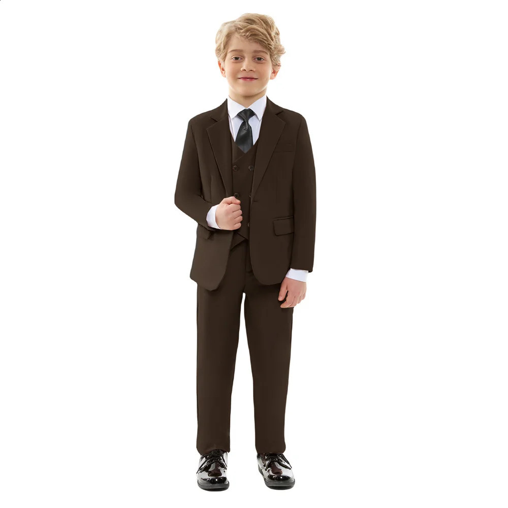 Boys Brown Suit Set Spring Autumn Children Host Performance Wedding Birthday Party Costume Kids Blazer Pants Bowtie Clothes 241223