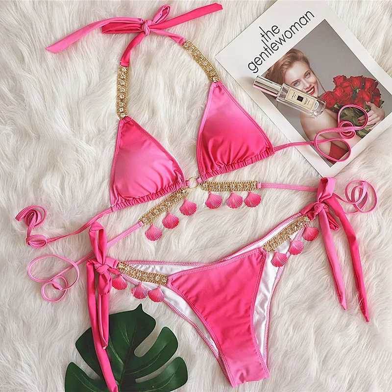 Pink Sexy Bikinis 2025 Swimsuit With Rhinestones Women Swimwear Female Push Up Bikini Beach Swim Wear Bathing Suits Pool BatherXJ241223