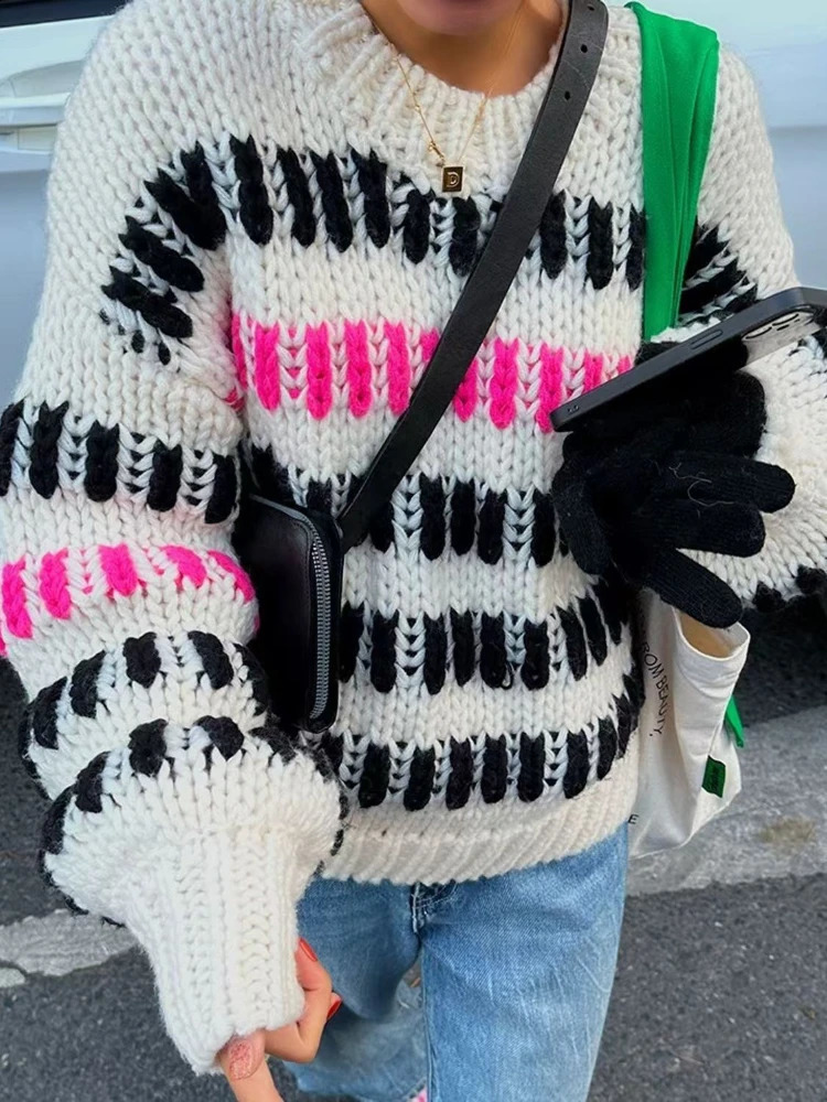 Women Multi Color Striped Thick Casual Round-neck Sweater 2024 Winter Niche Chunky Jumper Knit Top 241223