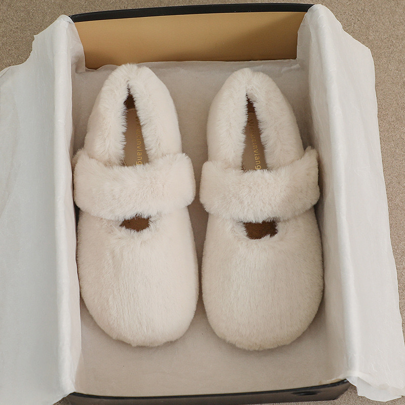 New strap flats 06250 Metal buckle women shallow round toe loafers 2023 white wool fur cotton moccasins winter mary janes shoes woman