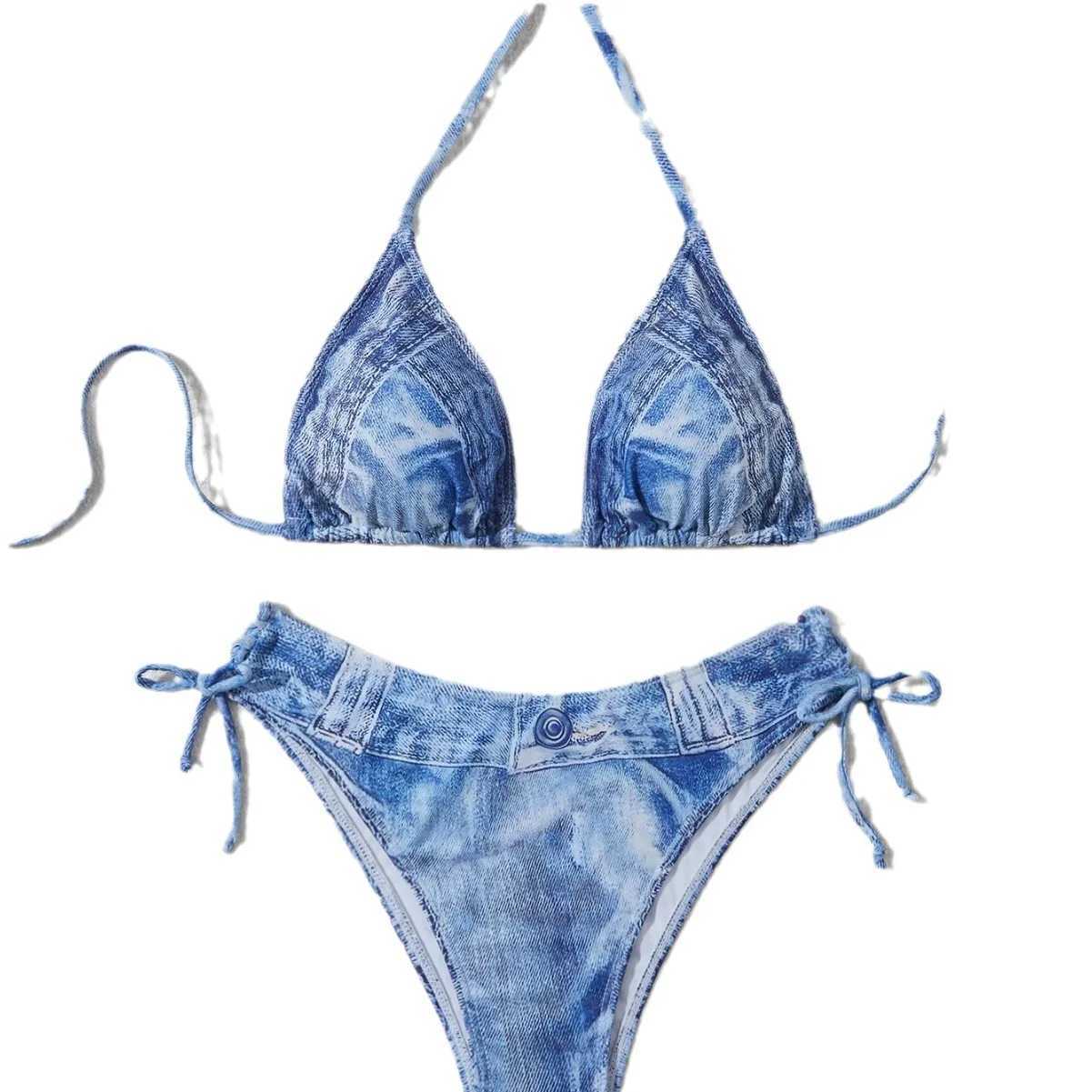 Sexy Bikini Swimsuit Woman Denim Print Swimwear Thong Bikinis Sets Brazilian Women Bathing Suit Beach Wear BiquiniXJ241223