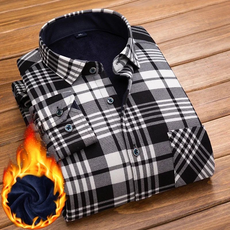 Winter Men Plaid Flannel Thick Casual Shirt Slim Fit Long Sleeve Cotton Men Warm Fleece Shirt camisas de hombre 241223
