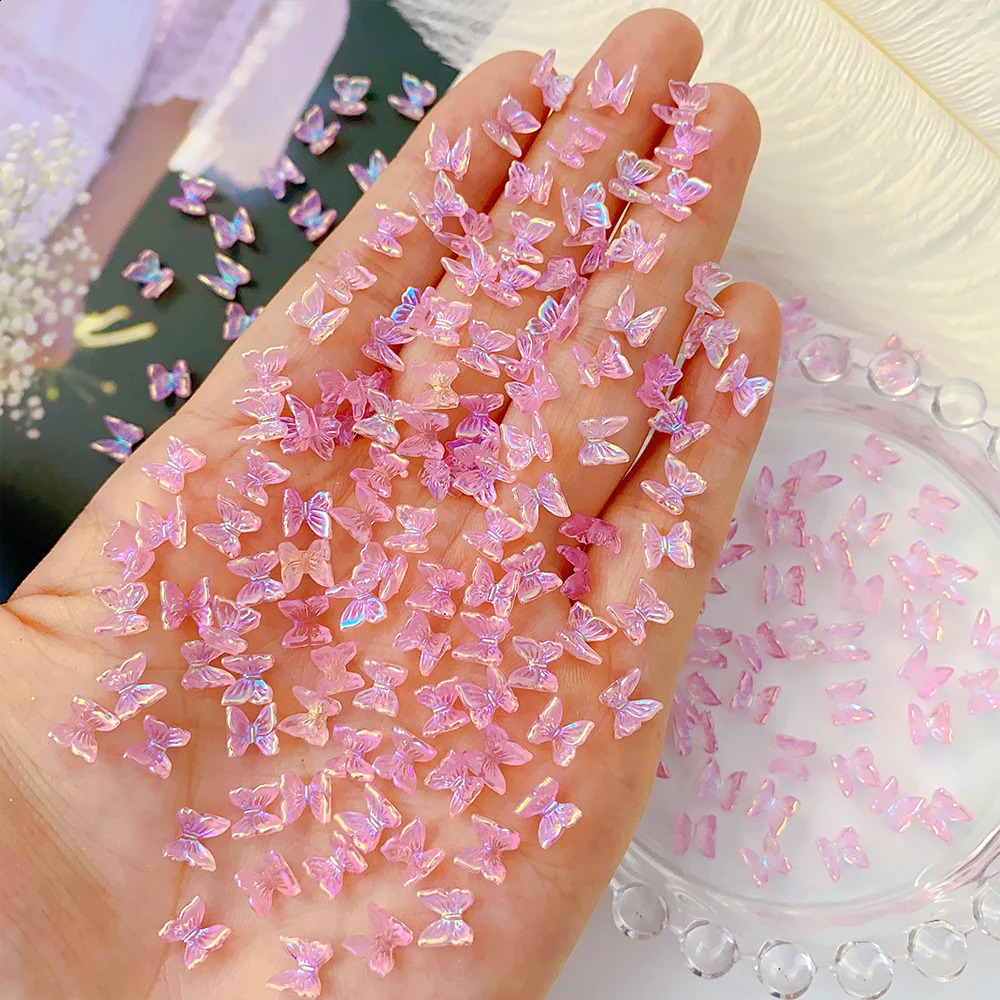 100Pcs Colorful Aurora Butterfly Nail Art Decoration 6mm Resin Mini 3D Butterfly Nail Charms AB Pink Cute Manicure Butterfly N* 241223