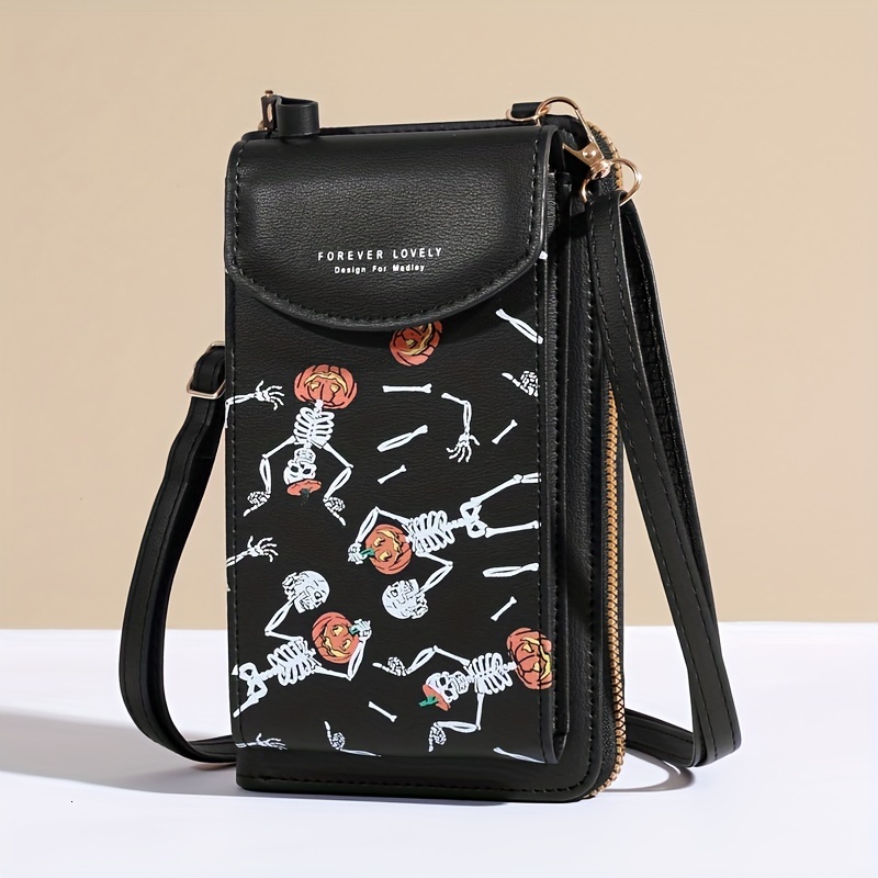Spooky Ghost Skull Crossbody Bag Halloween Zippered Style - Gothic Phone Purse With Secure Compartments For Fashion Witches