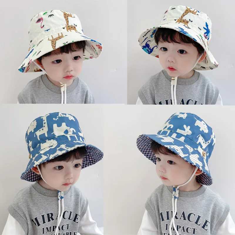 Caps Hats Cute childrens outdoor bucket hat childrens sun hat with windproof rope cotton baby hat childrens summer hat H241223