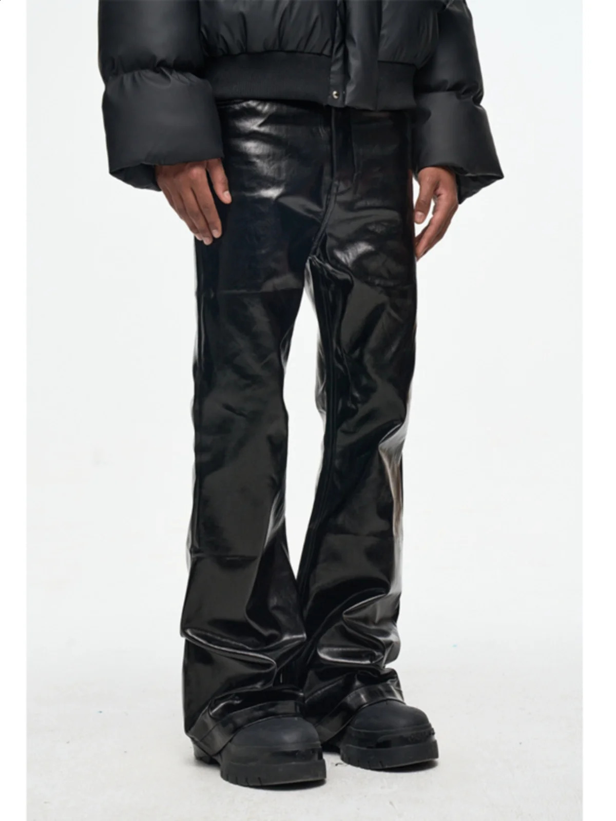 Black-coated Glossy Patent Leather Micro-lapped Jeans Japanese Streetwear Pants 241223