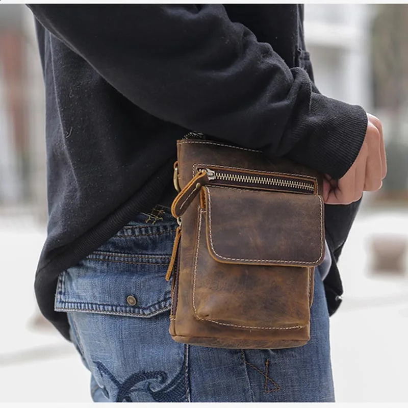 Men Vintage Genuine Leather Waist Pack Shoulder Strap Belt Bag Small Crazy Horse Leather Crossbody bag Belt Phone Pouch 241223