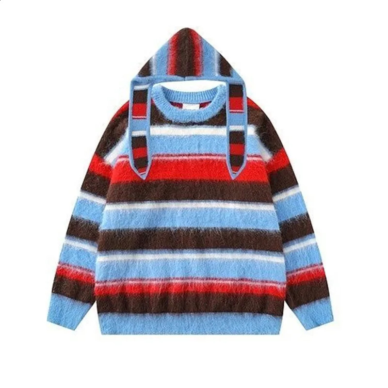 Genayooa Vintage Sweater Women Warm Patchwork Striped Pullovers Streetwear Y2k Japanese Sweaters With Hooded American Retro 90s 241223