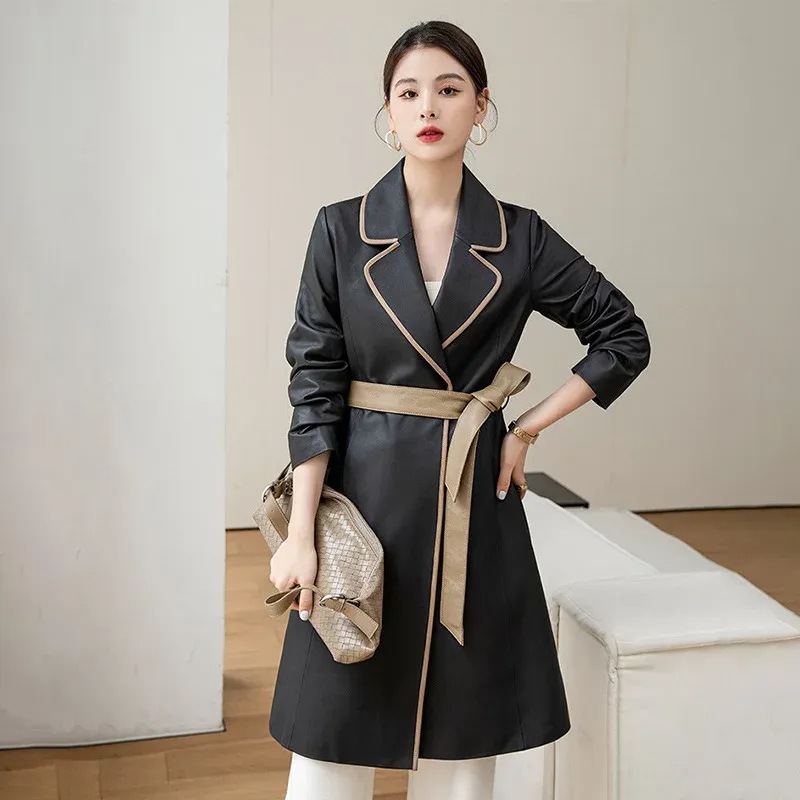 Autumn Winter Womens Sheepskin Long Coat Lace Up Windbreaker Genuine Leather Coat Mid Length Overcoat