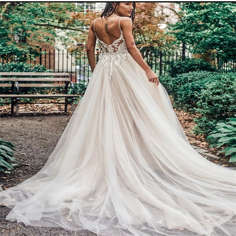 Gatsby Boho Wedding Dresses With High Slit A Line Tulle Appliques Lace Bohemian Bridal Gowns Sexy Backless Celtic Country Bride Dress Robe De Mariage 