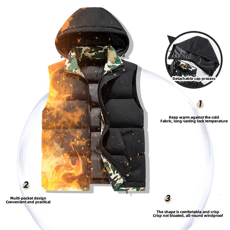 Mens Vest Jacket Warm Sleeveless Jackets Camouflage Winter Waterproof Zipper Coat Autumn Stand-up Collar Casual Waistcoat
