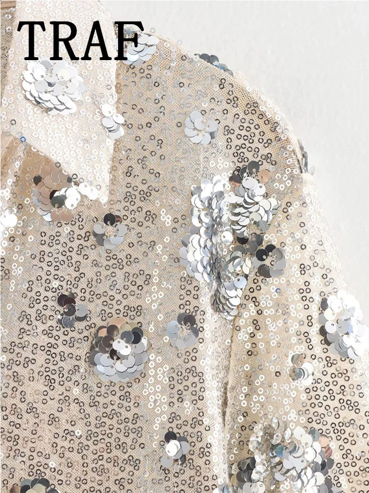 TRAF Floral Sequins Embellished Shirt Women Shirts Casual Elegant Loose Fashion Blouses Top 241218