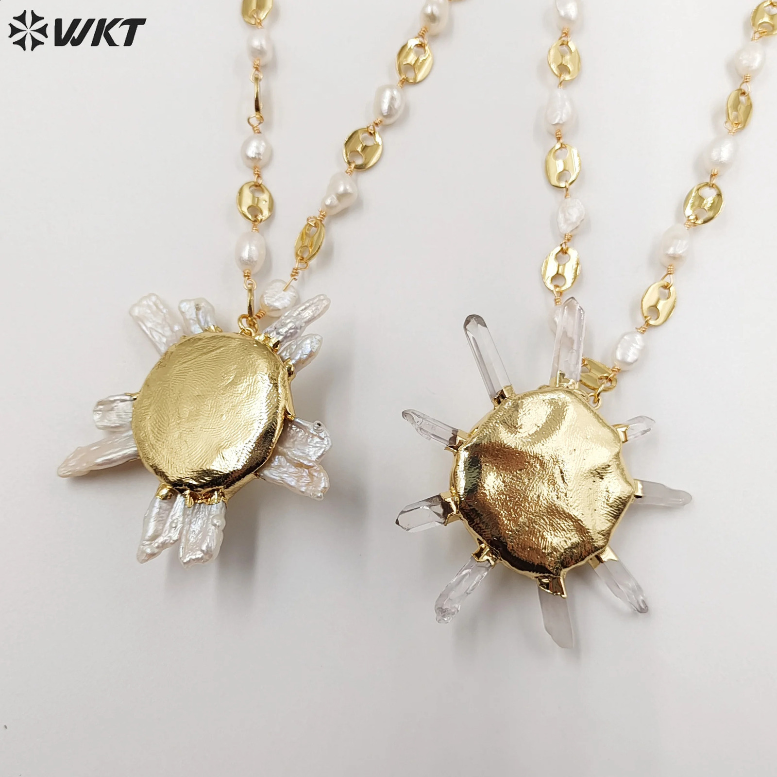 WT-JN248 Freshwater Pearl Sun Flower Quartz And Cross Shape 24 Inch Long 18K Gold Pig Nose Adjustable Chain Necklace 241220