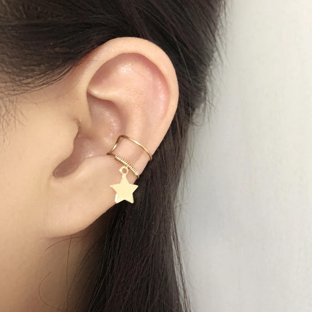 Domino Handmade DOUBLE WRAP Clip Earrings Fatimas hand Ear Cuff Lock Key Star No Piercing Hollow out Star Cartilage Cuff 241220
