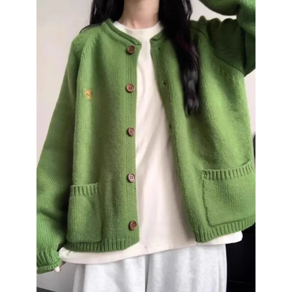 Japan fashion Retro Green Knit cardigan Sweater Outerwear Women 2024 Spring Lazy Loose Wind Soft Glutinous Top 241220